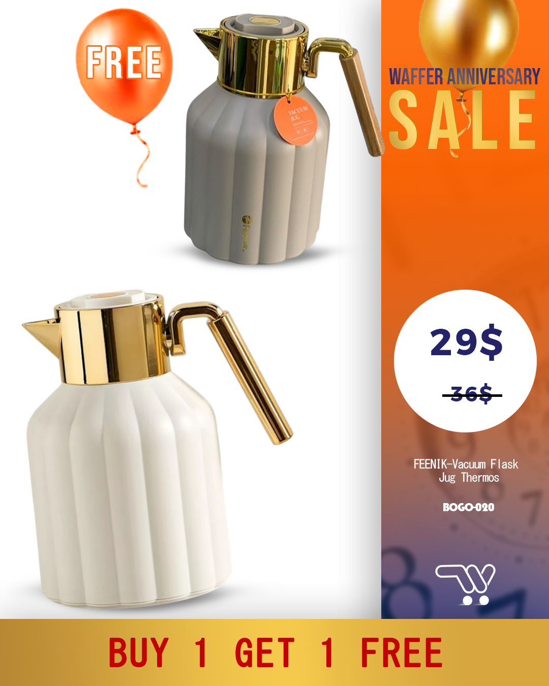 Buy One Get One FEENIK- Vacuum Flask Jug Thermos For Hot & Cold Gray And Whid With Gold
