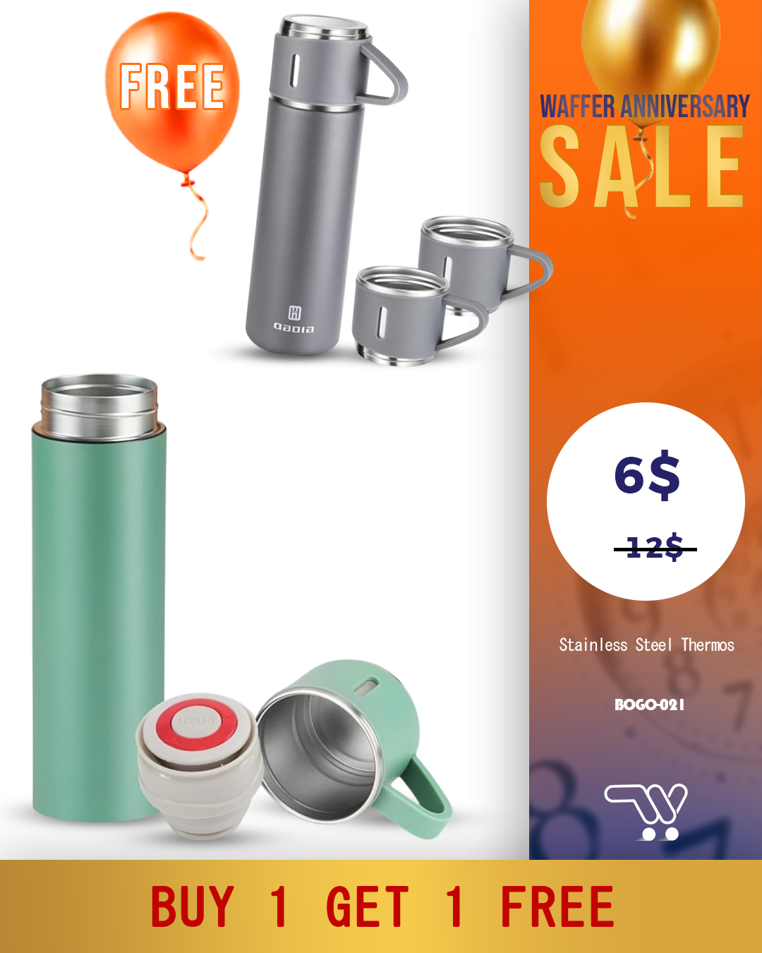 Buy One Get One Stainless Steel Thermos 500ml/16.9oz Vacuum Insulated Bottle with Cup for Coffee Hot drink and Cold drink water flask.(Green,Set of 4 pieces ) Green And Gray