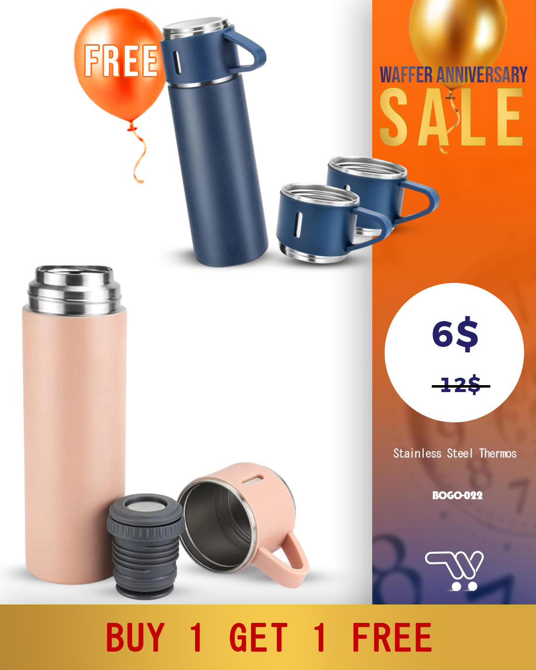 Buy One Get One Stainless Steel Thermos 500ml/16.9oz Vacuum Insulated Bottle with Cup for Coffee Hot drink and Cold drink water flask. Pink and Blue