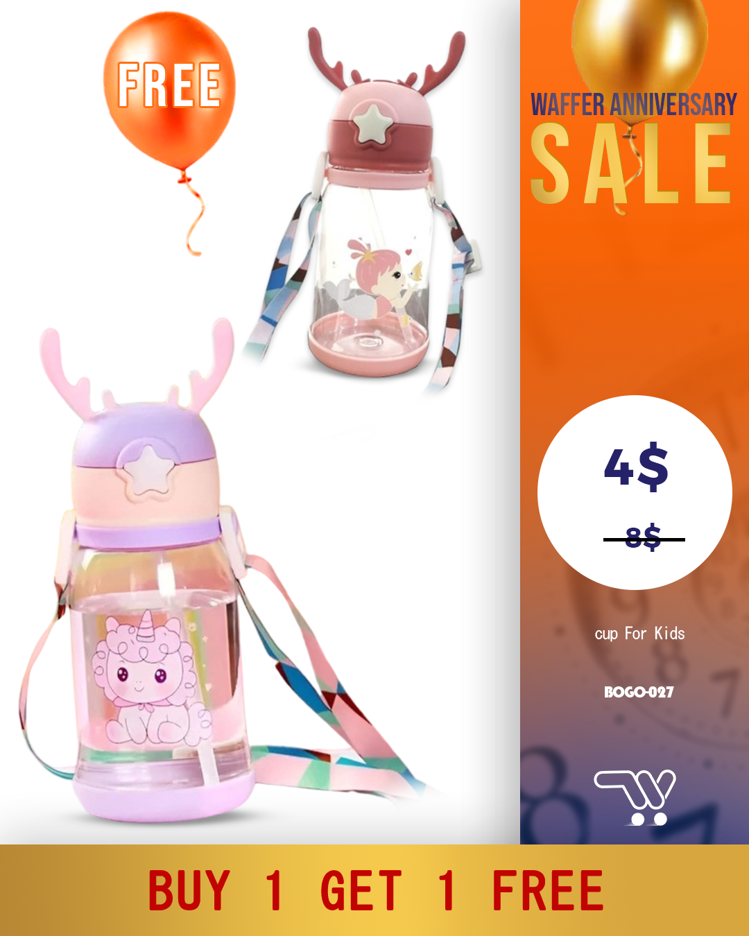 Buy One Get One Deer antler cup For Kids School Violet and Pink