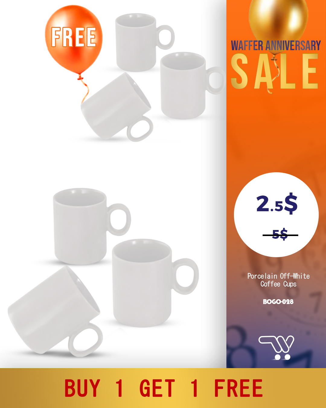Buy One Get One Van Well MIKA Porcelain Off-White Large Coffee Cups – Set of 3 (Ø 8.5 cm, 410 ml) – Elegant and Modern Ceramic Mugs for Coffee, Tea, and Hot Beverages