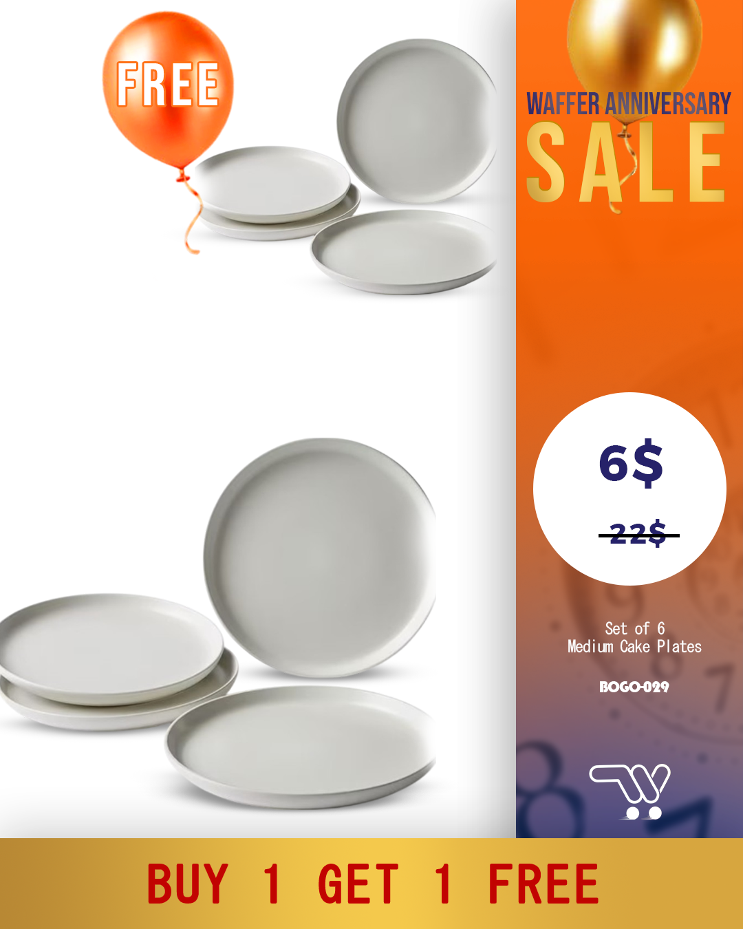 Buy One Get One Van Well Mika Porcelain OffWhite , Set of 6 Medium Cake Plates (diameter 20.4 x height 1.7 cm.)