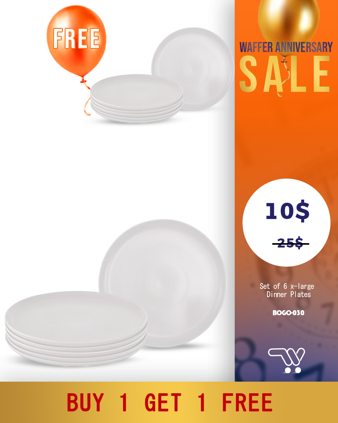 Buy One Get One Van Well Mika Porcelain OffWhite , Set of 6 x-large Dinner Plates (diameter 27 x height 2 cm.) and one gift cake plate