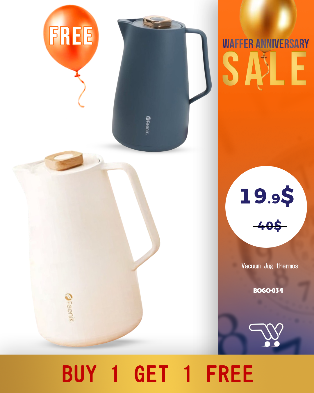 Buy One Get One FEENIK- Vacuum Jug Thermos For Hot & Cold -PP Body & Pink Glass Liner , PP BODY+PINK  1.0 L , Navy And white