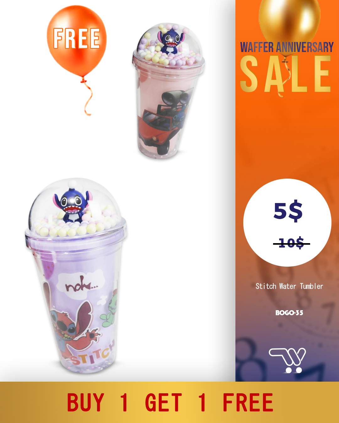 Buy One Get One Stitch Water Tumbler 480ml Plastic Double wall with 3D Purple And Pink