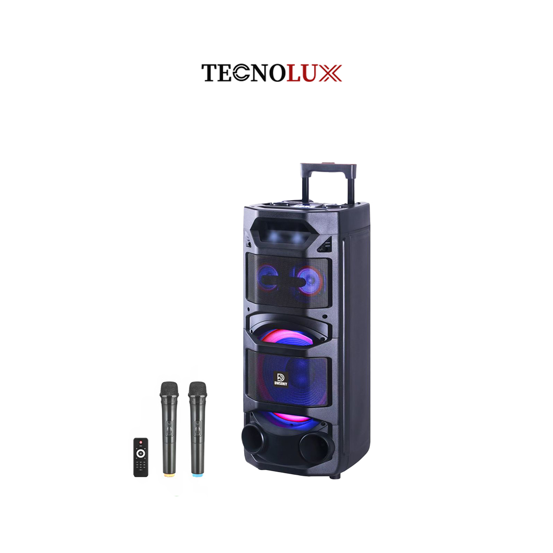 TECNOLUX DW-H213 “EXTRABASS” 10-Inch Portable Party Speaker – High-Power Bluetooth Speaker with 11.1V 4800mAh Battery, Two Wireless Microphones, LED Party Lights