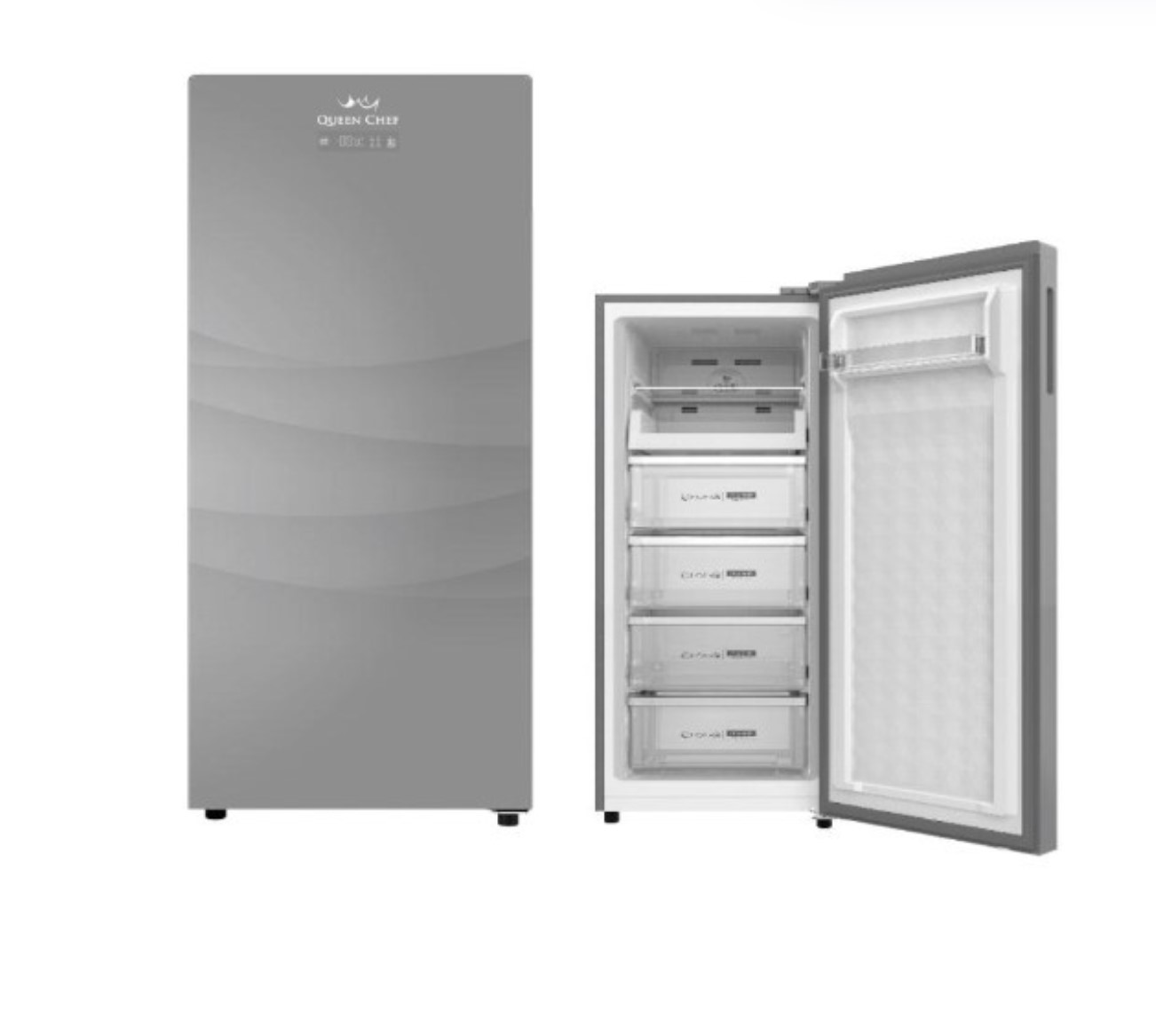 Queen Chef AF156WG Upright Freezer – 160L No-Frost Capacity • 4 Drawers & 2 Shelves • Outdoor Panel Display • Reversible Glass Door • Low-Noise & Space-Saving Design Queen Chef AF156WG Upright Freezer – 160L No-Frost Capacity • 4 Drawers & 2 Shelves • Outdoor Panel Display • Reversible Glass Door • Low-Noise & Space-Saving Design