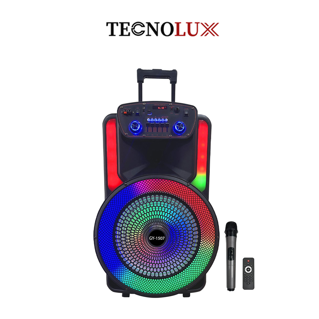 TECNOLUX 15” Portable Bluetooth Speaker GY-1207 – 50W Super Bass TWS Sound System with 3600mAh Rechargeable Battery, Telescoping Handle & Wheels, BT 5.0, Treble/Bass/Echo/Delay Control