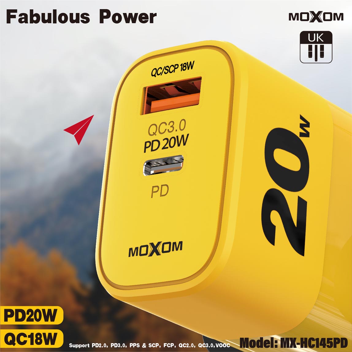 MOXOM MX‑HC145 Capital 20 W Super‑Fast PD Wall Charger (UK Plug) – Dual‑Port Power‑Delivery + USB‑A Adapter with 25 W Peak, Simultaneous Fast‑Charging & Multi‑Layer Safety Protection