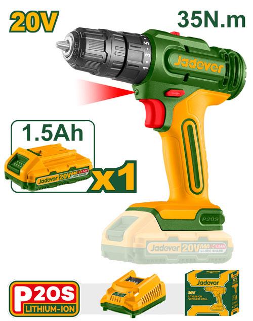 JADEVER JDCDP511 20 V Cordless Drill – 2-Speed / 35 Nm Torque / 0–400-0–1500 rpm with 0.8-10 mm Chuck JADEVER JDCDP511 20 V Cordless Drill – 2-Speed / 35 Nm Torque / 0–400-0–1500 rpm with 0.8-10 mm Chuck