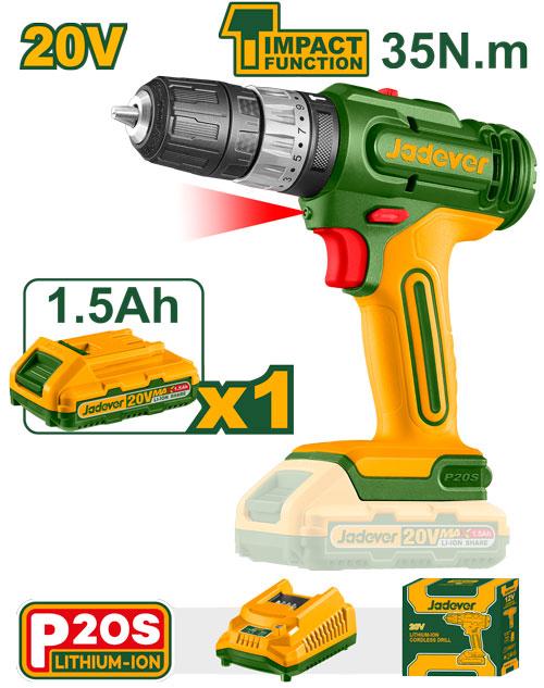 JADEVER JDCDP521 20 V Cordless Impact Drill โ 0-400 / 0-1 500 rpm, 22 500 bpm, 35 Nm Torque, 0.8-10 mm Chuck JADEVER JDCDP521 20 V Cordless Impact Drill โ 0-400 / 0-1 500 rpm, 22 500 bpm, 35 Nm Torque, 0.8-10 mm Chuck