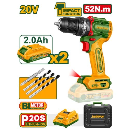 JADEVER JDCDP5281 20 V Brushless Motor Cordless Impact Drill โ Compact, High-Speed (0-500/0-2000 rpm) with Max Impact Rate 30 000 bpm & 52 Nm Torque, 13 mm Chuck, Includes Battery & Charger JADEVER JDCDP5281 20 V Brushless Motor Cordless Impact Drill โ Compact, High-Speed (0-500/0-2000 rpm) with Max Impact Rate 30 000 bpm & 52 Nm Torque, 13 mm Chuck, Includes Battery & Charger