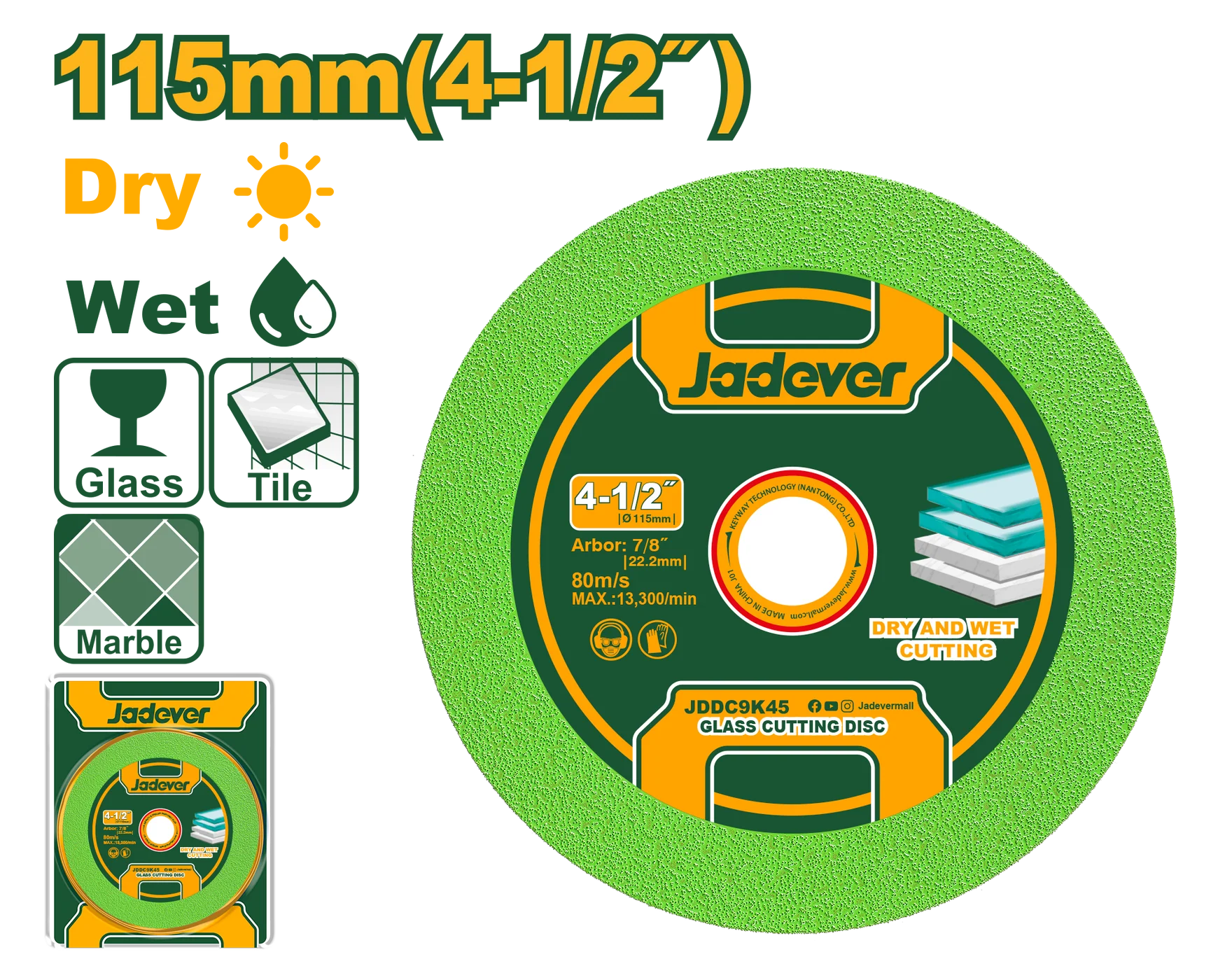 JADEVER Glass Cutting Disc – 115mm Diameter, 22.2mm Arbor, Dry Cutting, Multi-Material Use, High-Precision Sharp and Clean Edge Blade (Model: JDDC9K45)