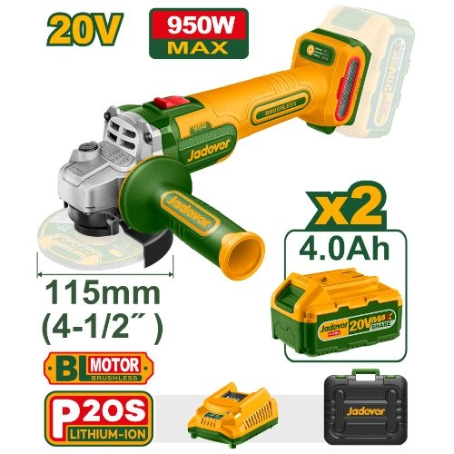 JADEVER JDLAP5322 20 V Brushless Cordless Angle Grinder โ 4.5โณ (115 mm) Disc, Max Input Power 950 W, Multi-Speed No-Load Up to 9000 rpm, Metal Cutting & Grinding Kit with Batteries & Charger JADEVER JDLAP5322 20 V Brushless Cordless Angle Grinder โ 4.5โณ (115 mm) Disc, Max Input Power 950 W, Multi-Speed No-Load Up to 9000 rpm, Metal Cutting & Grinding Kit with Batteries & Charger