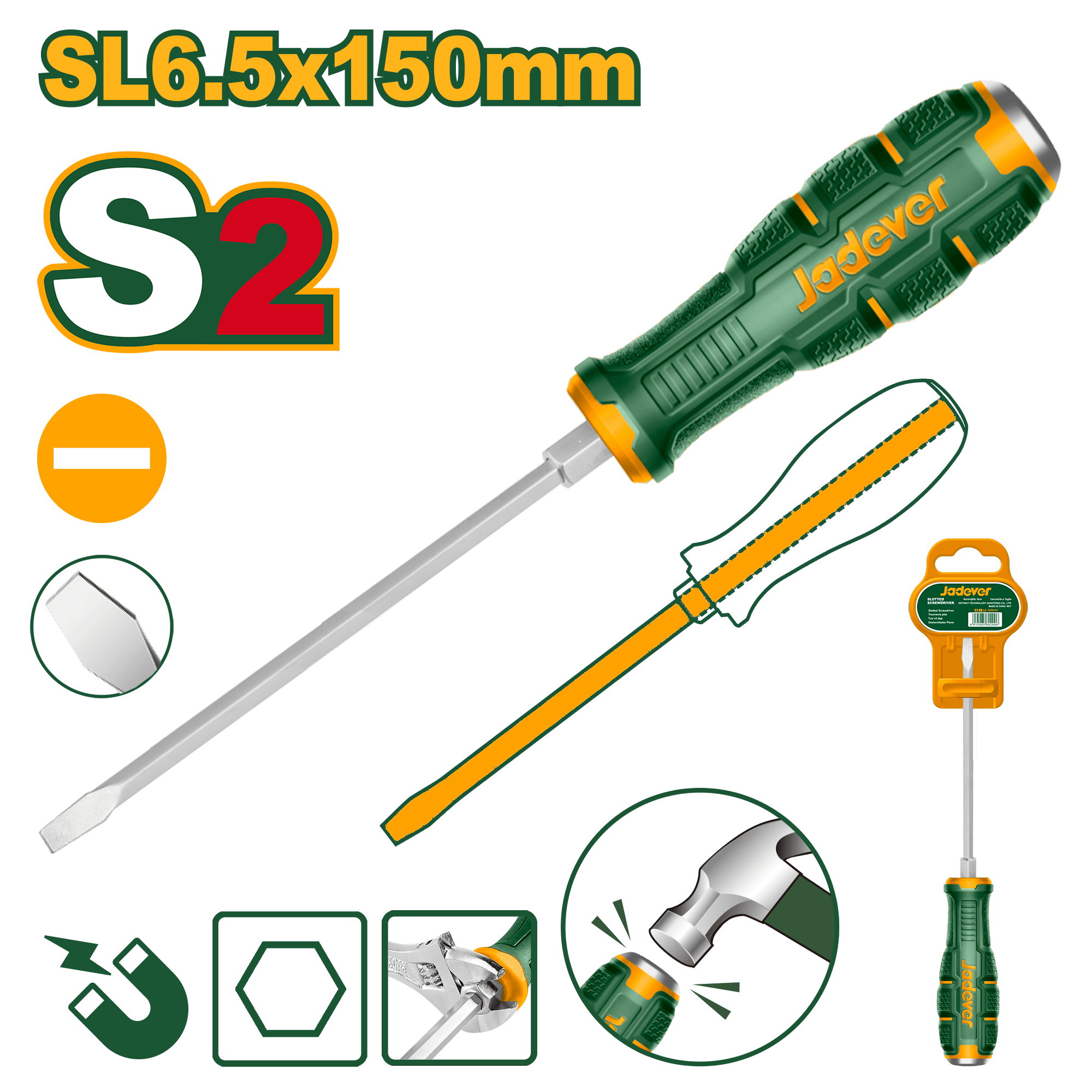 Jadever JDQJ1266 Slotted Go-Through Screwdriver SL6.5 – Magnetic Tip – S2 Steel Blade