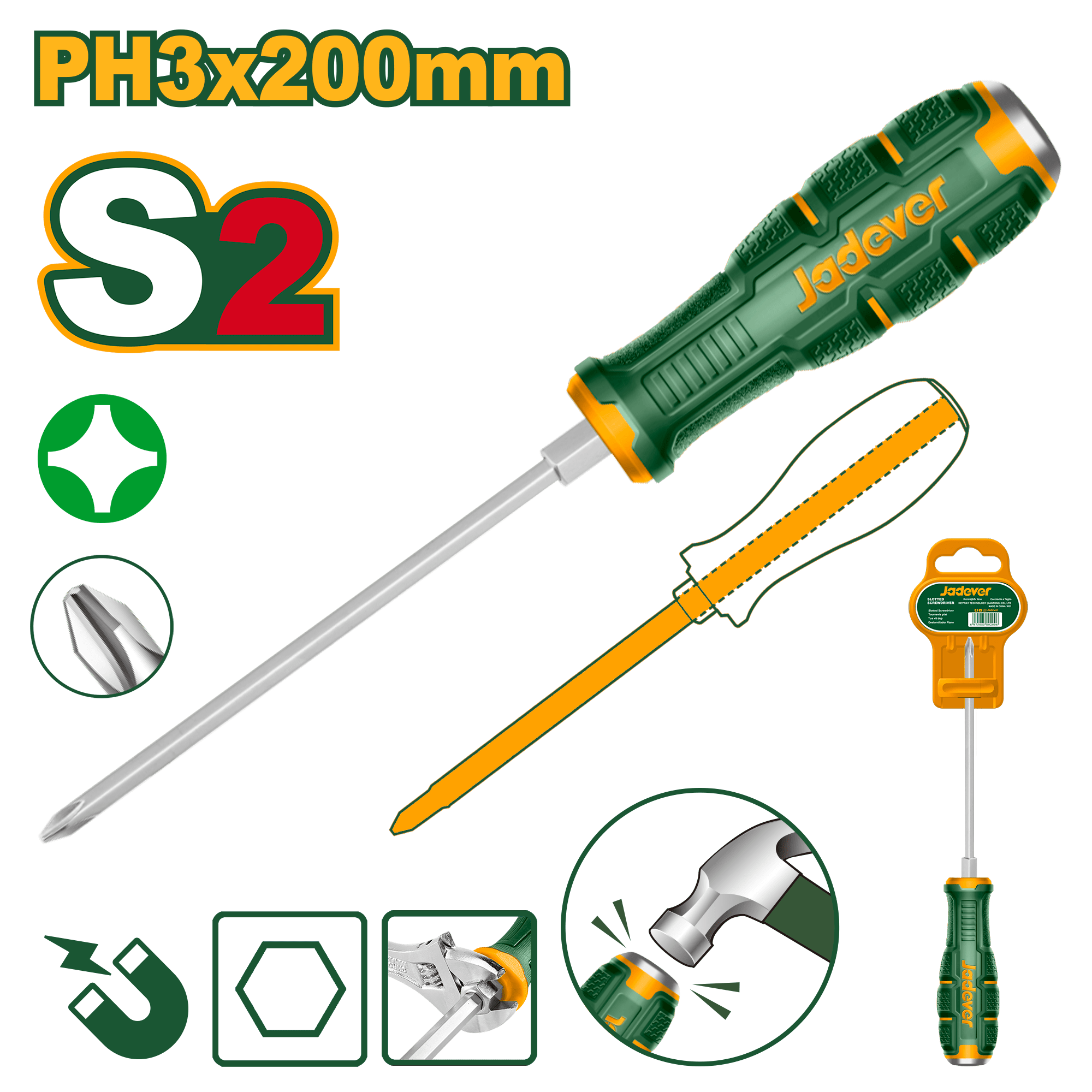 Jadever JDQJ2238 Phillips Go-Through Screwdriver PH3 – Magnetic Tip – S2 Steel Blade