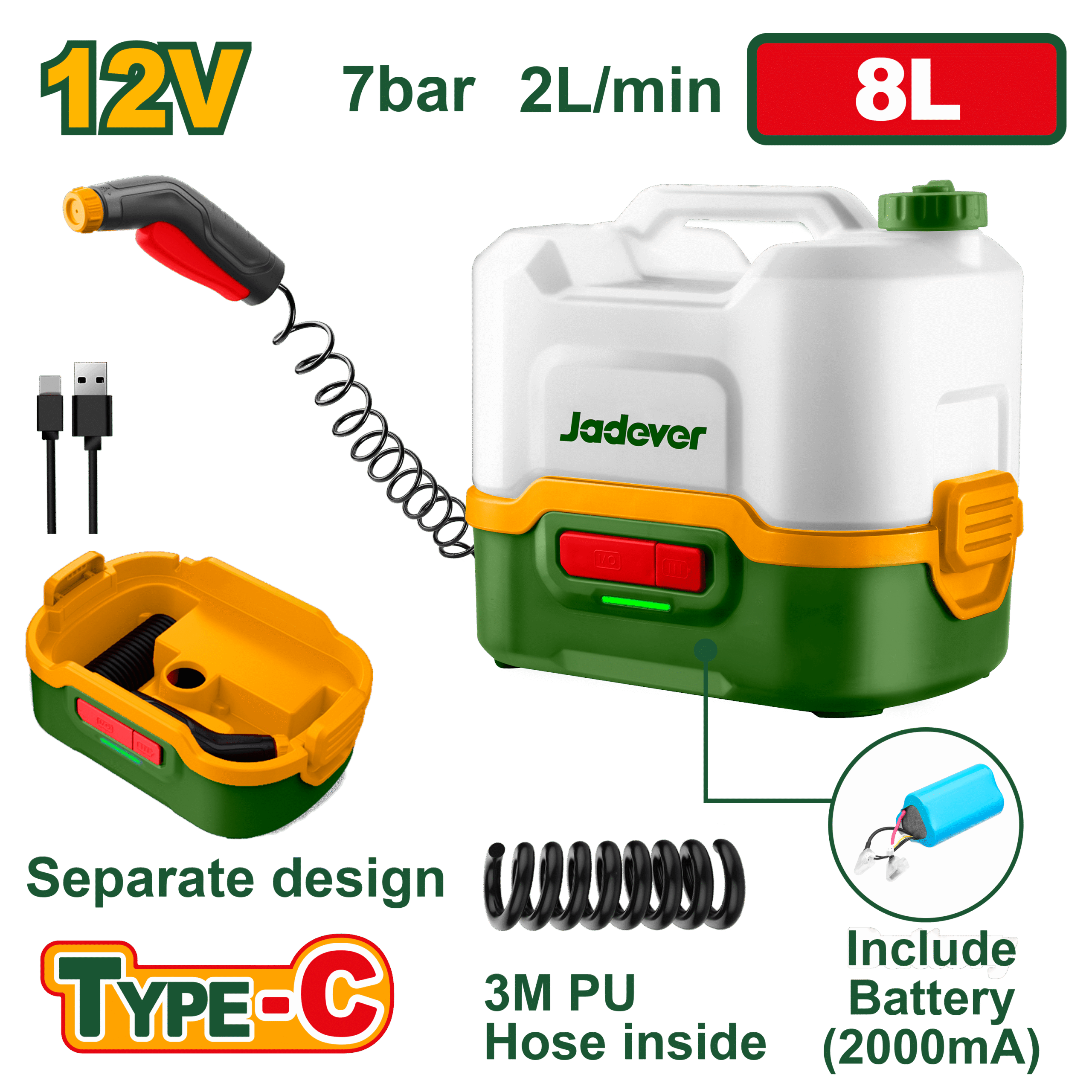 JADEVER JDQX2512 Cordless 12V Pressure Washer โ 8 L Tank | USB-C Recharge | Auto-Stop & Thermal Protection JADEVER JDQX2512 Cordless 12V Pressure Washer โ 8 L Tank | USB-C Recharge | Auto-Stop & Thermal Protection