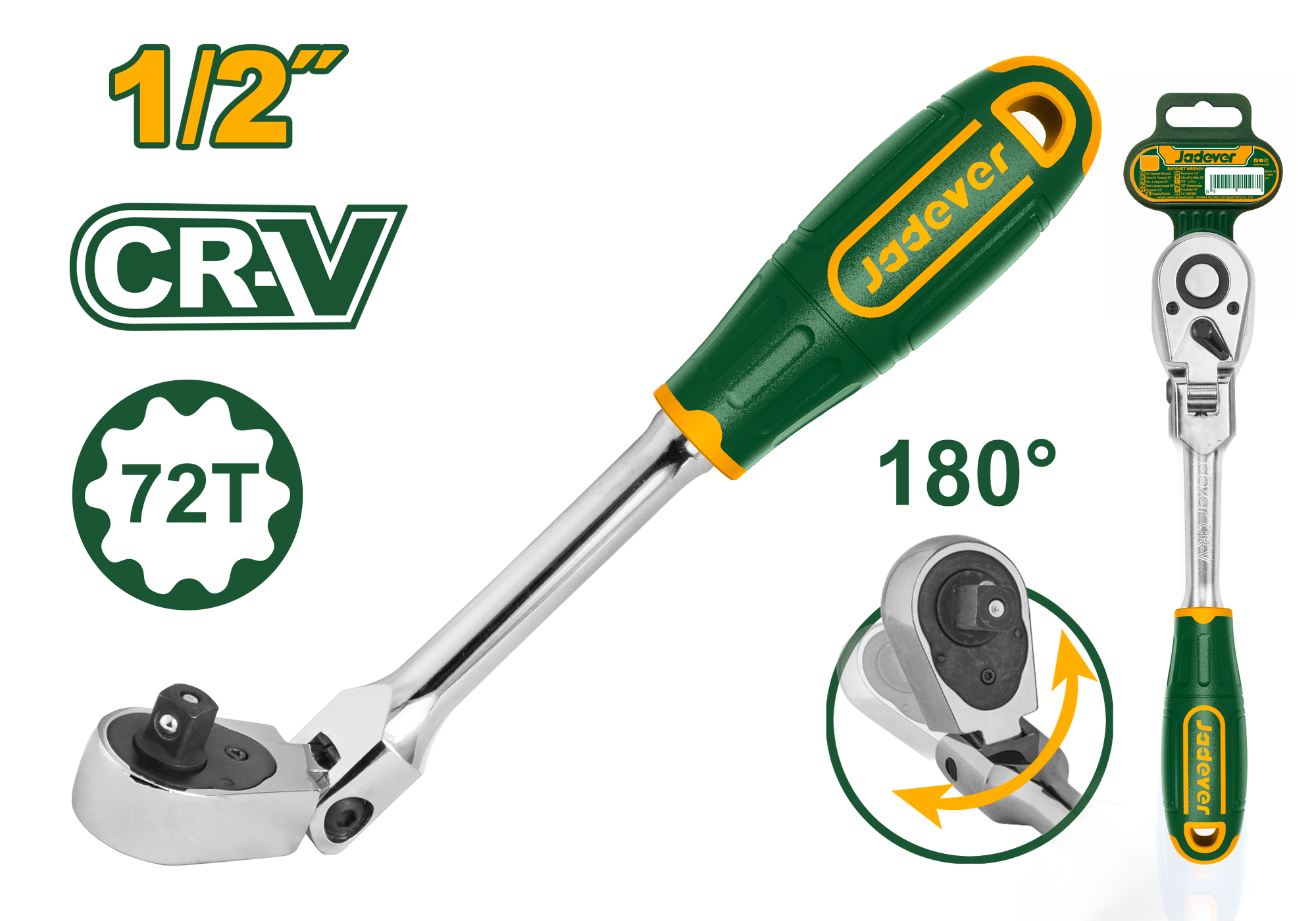 JADEVER 1/2-Inch Drive Flex Head Ratchet 300mm | 72-Tooth Gear Mechanism | Model JDRW4212 – Heavy-Duty Cr-V & Cr-Mo Steel Construction JADEVER 1/2-Inch Drive Flex Head Ratchet 300mm | 72-Tooth Gear Mechanism | Model JDRW4212 – Heavy-Duty Cr-V & Cr-Mo Steel Construction