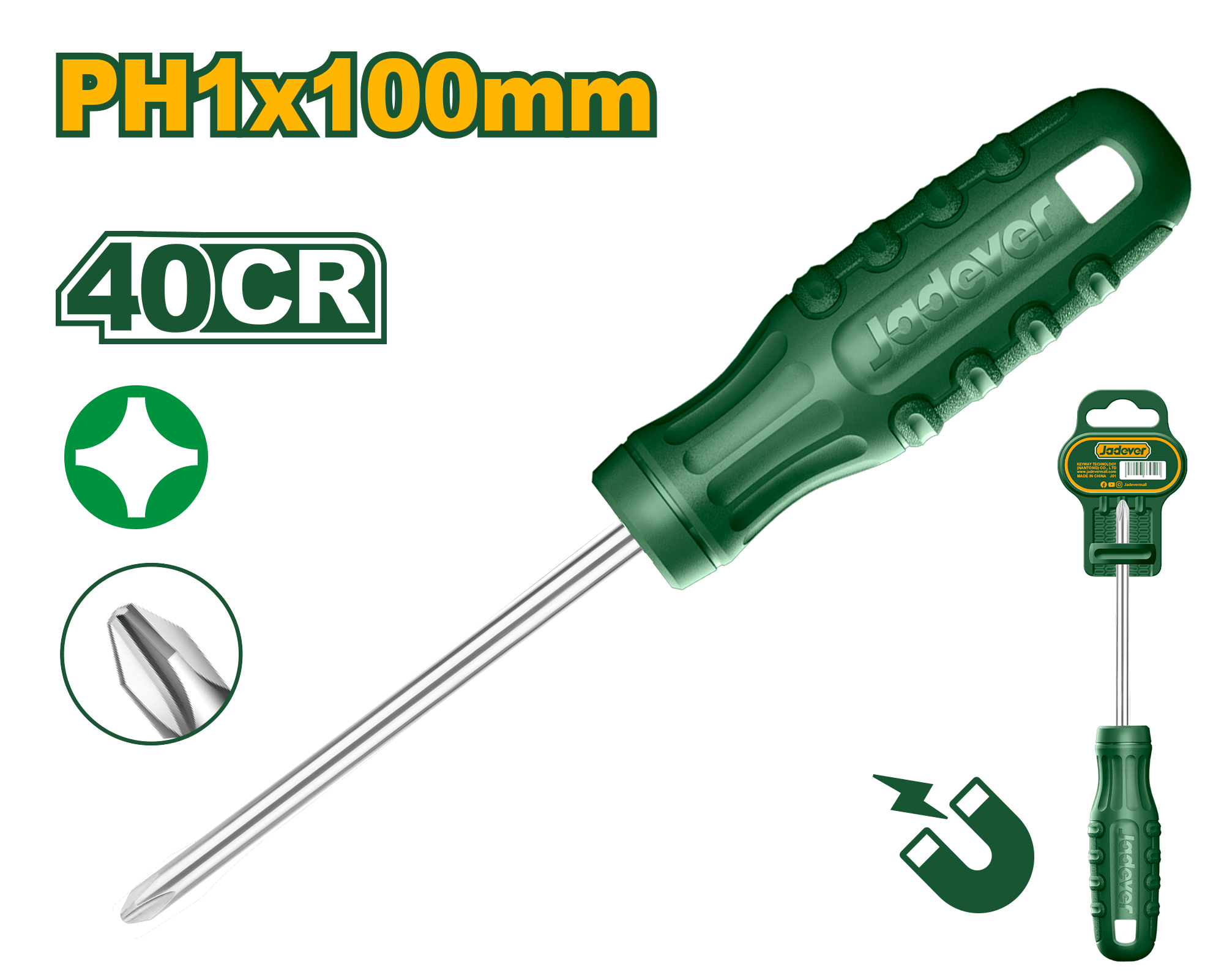 Jadever JDSD4914 PH1 Phillips Screwdriver – 40CR Alloy Steel, Round Shank, Ø 5.0 mm × 100 mm, Plastic Hanger Pack