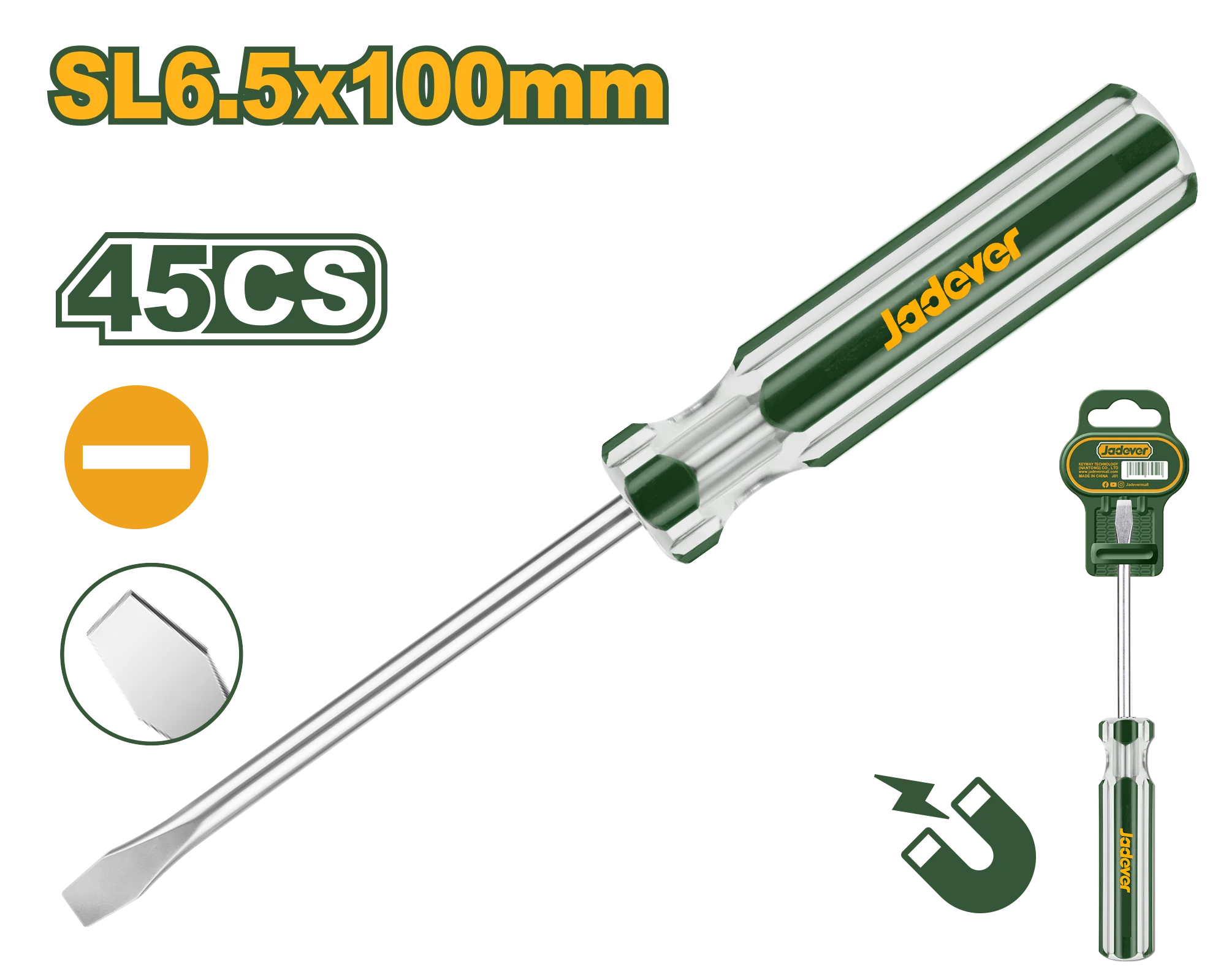 Jadever JDSD5964 Heavy-Duty Slotted Screwdriver – Professional Carbon Steel Round-Shank 6.5mm Tip, 6.0mm Diameter, 100mm Length, Durable Build