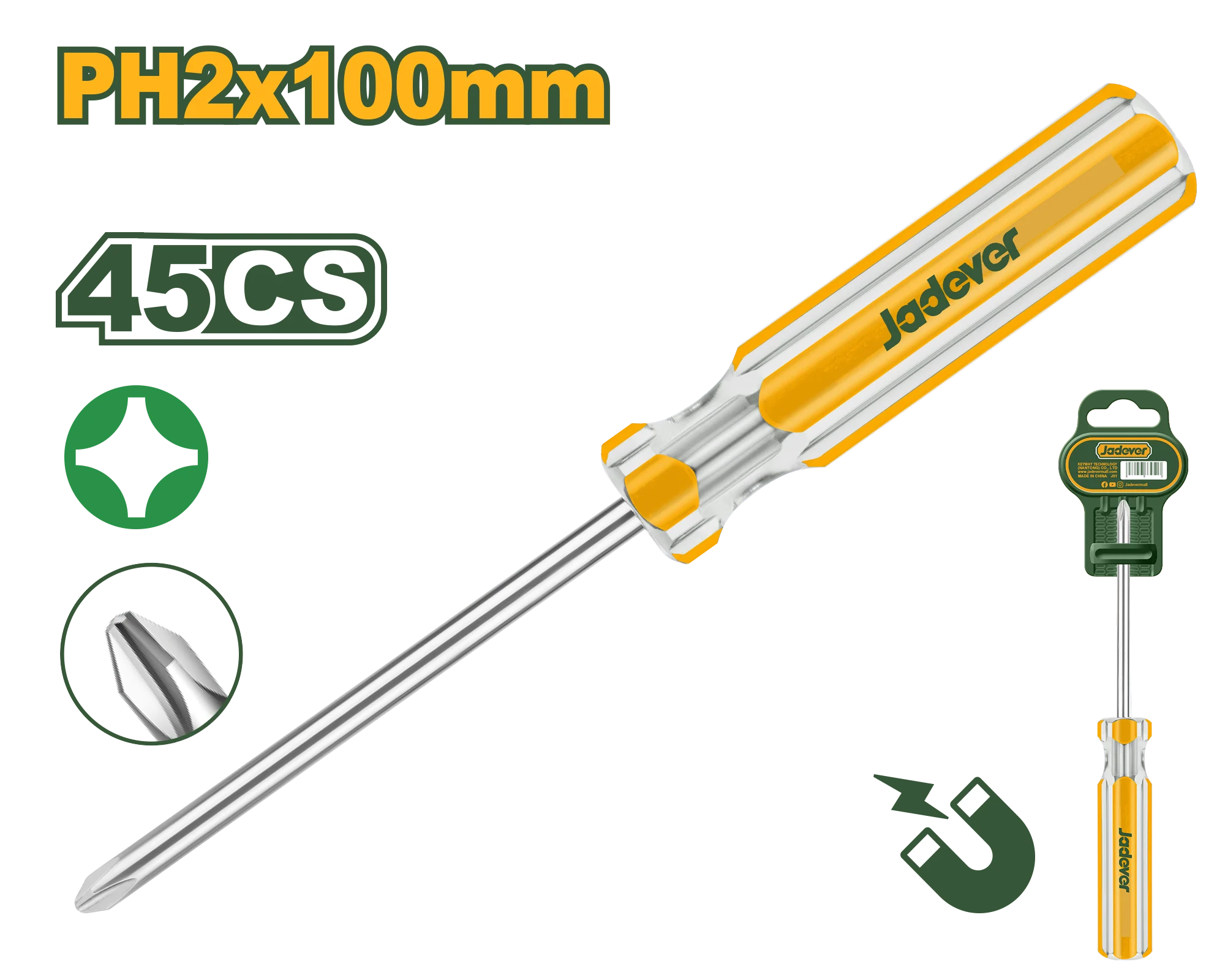 Jadever JDSD6924 Phillips Screwdriver PH2 × 100 mm – Durable Carbon Steel, Round Shank, Magnetic Tip & Ergonomic Grip