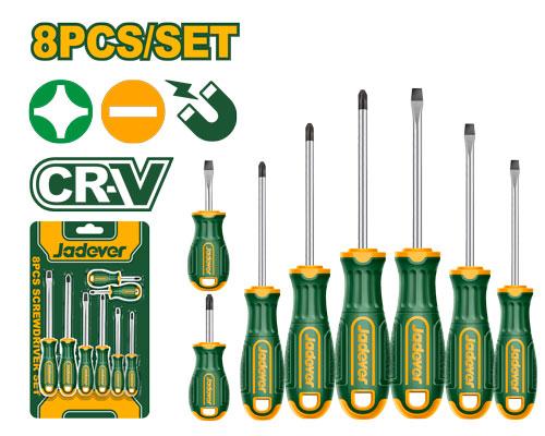 Jadever JDSS1408 — Professional 8-Piece CR-V Screwdriver Set with Round Shank (SL6.5 × 38 mm, PH2 × 38 mm, SL3 × 75 mm & Assorted Sizes)