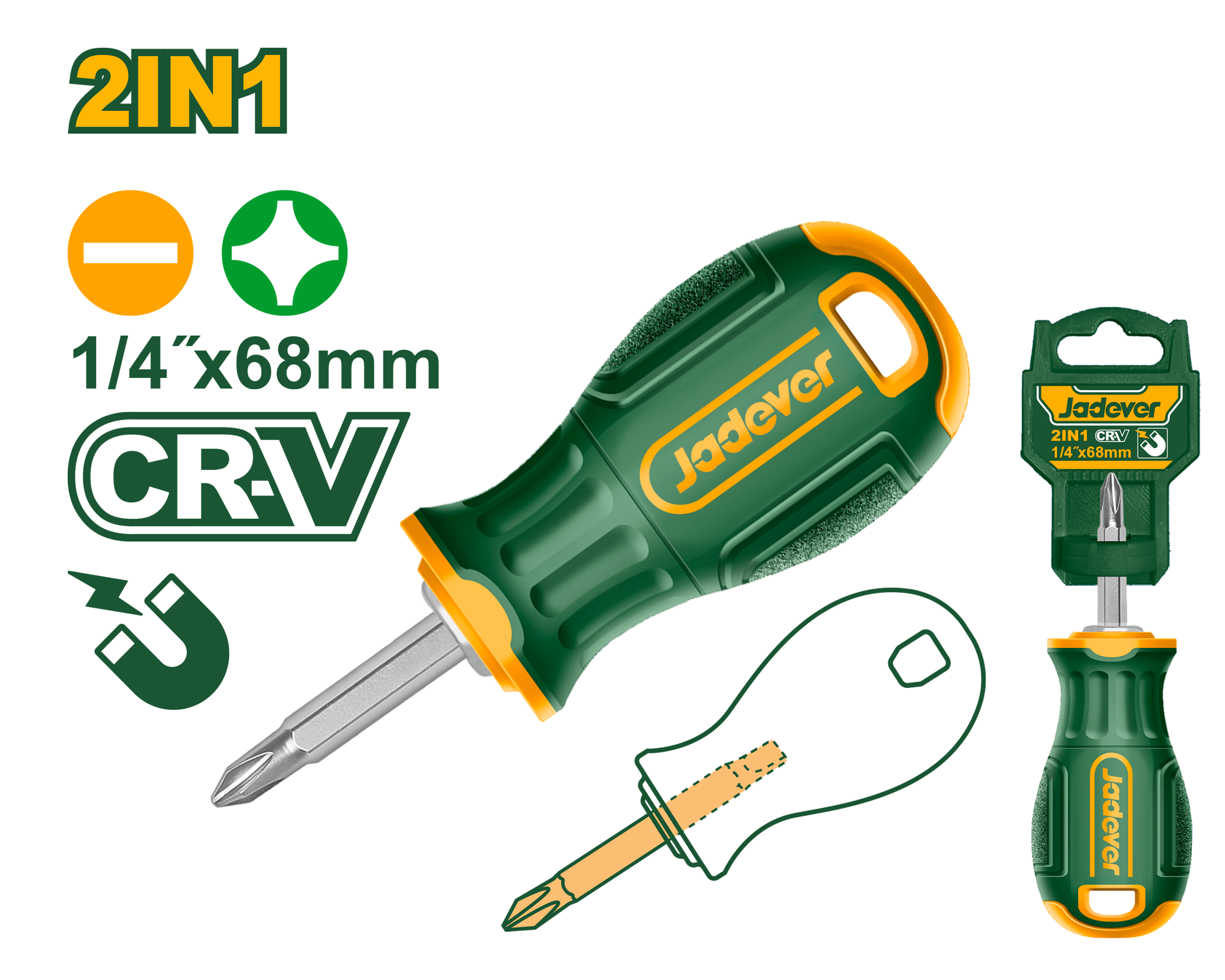 Jadever JDSS45M1 — Premium 2-in-1 CR-V Hex Screwdriver Set (PH2 + SL6.5, 68 mm, 6.35 mm Shank)