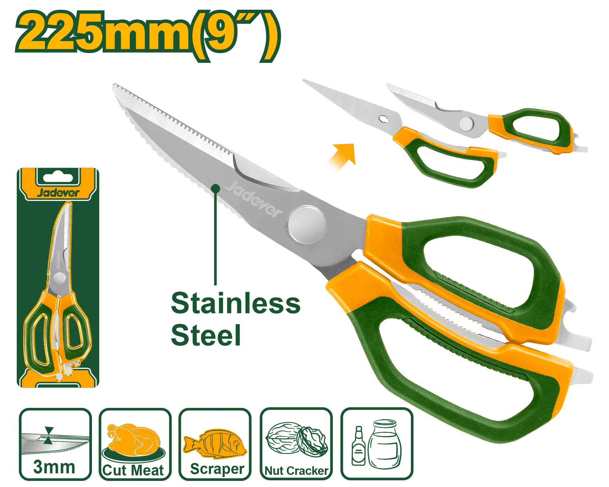 Jadever JDSX1605 225mm (9") Multi-Function Kitchen Scissors โ Heavy-Duty Stainless Steel Scissors with 3.0mm Thick Blades Jadever JDSX1605 225mm (9") Multi-Function Kitchen Scissors โ Heavy-Duty Stainless Steel Scissors with 3.0mm Thick Blades