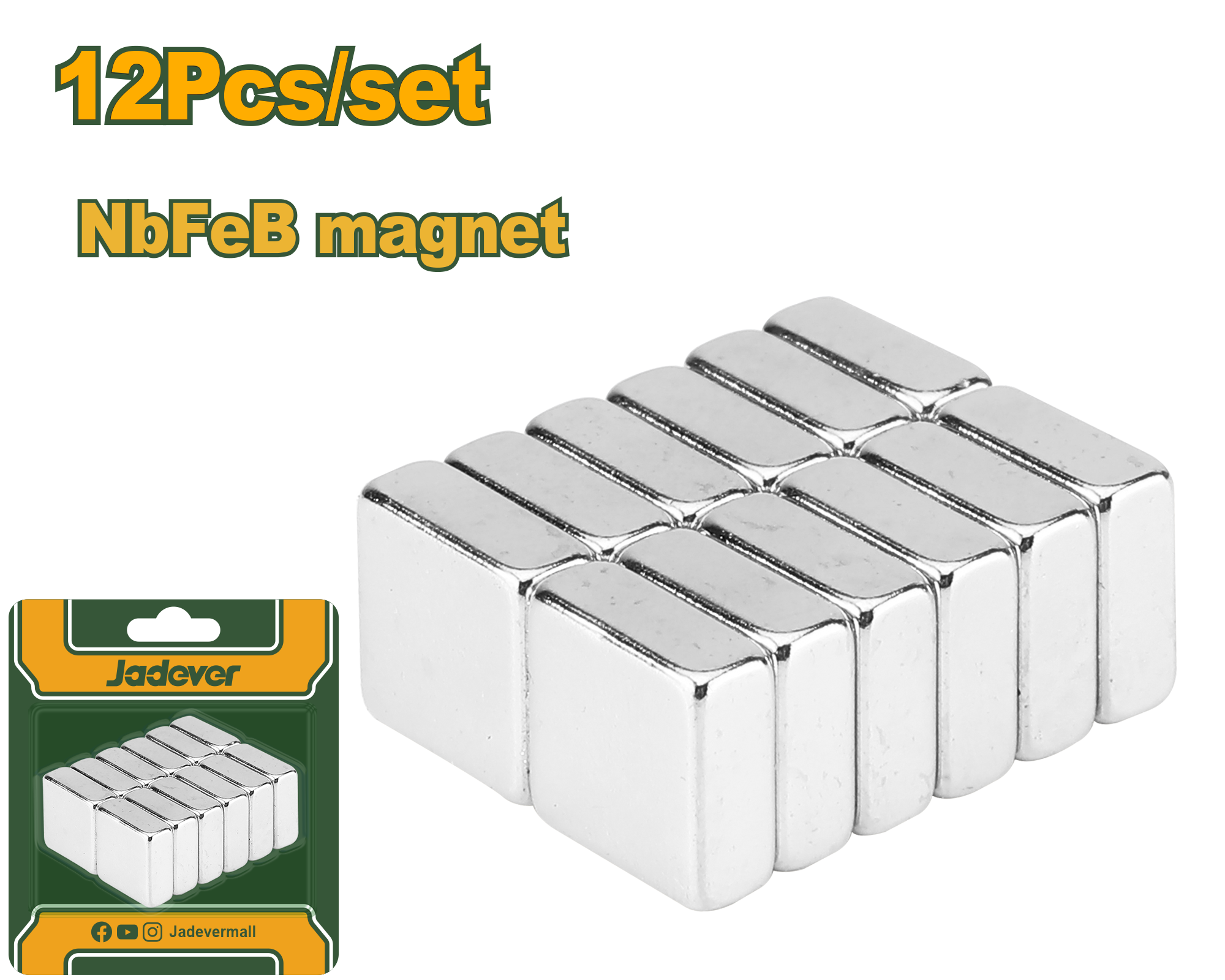 JADEVER 12pcs Neodymium Magnets Set – 10x10x104mm, Nickel-Plated, High-Strength NdFeB Magnets for Industrial, DIY, and Home Applications (Model: JDZE1K12) JADEVER 12pcs Neodymium Magnets Set – 10x10x104mm, Nickel-Plated, High-Strength NdFeB Magnets for Industrial, DIY, and Home Applications (Model: JDZE1K12)