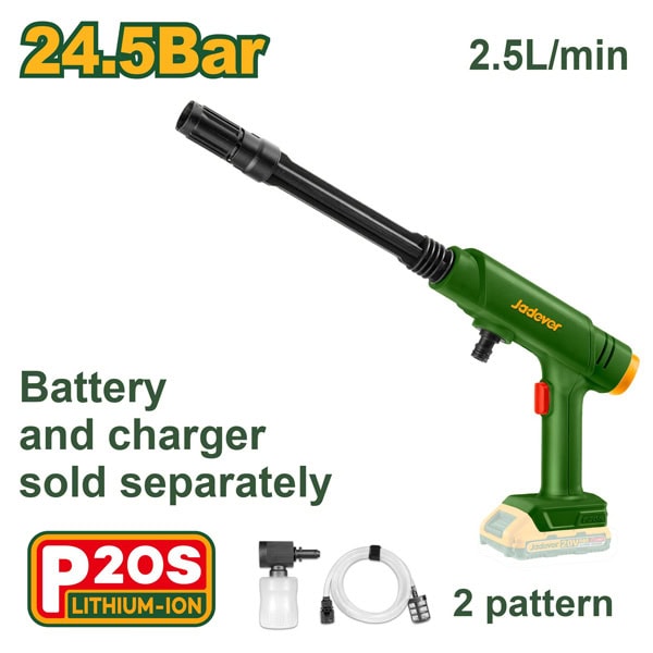 JADEVER JDQX1528 20 V Cordless Pressure Washer โ 24.5 Bar Max Pressure, 2.5 L/min Flow, Auto-Stop System JADEVER JDQX1528 20 V Cordless Pressure Washer โ 24.5 Bar Max Pressure, 2.5 L/min Flow, Auto-Stop System