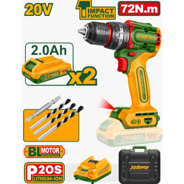 JADEVER JDCDP7281 20 V Brushless Motor Compact Cordless Impact Drill – 72 Nm Maximum Torque, Two-Speed (0-500/0-2000 rpm) & High Impact Rate JADEVER JDCDP7281 20 V Brushless Motor Compact Cordless Impact Drill – 72 Nm Maximum Torque, Two-Speed (0-500/0-2000 rpm) & High Impact Rate
