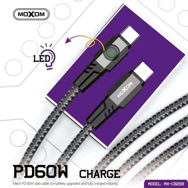 MOXOM MX-CB259 Mech PD60W LED Fast Charging & Data Cable 1.2M Nylon Braided USB-C Cable with Soft LED Indicator Aviation Mech Design 60W High-Speed Output