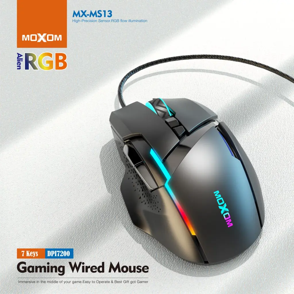 Moxom MX-MS13 Alien RGB LED Gaming Wired Mouse – 12+1 Light Effects 1.5M Braided USB Cable Ergonomic Design with Rubber Coating & Laser Engraving High-Precision Gaming Mouse for PC & Laptop