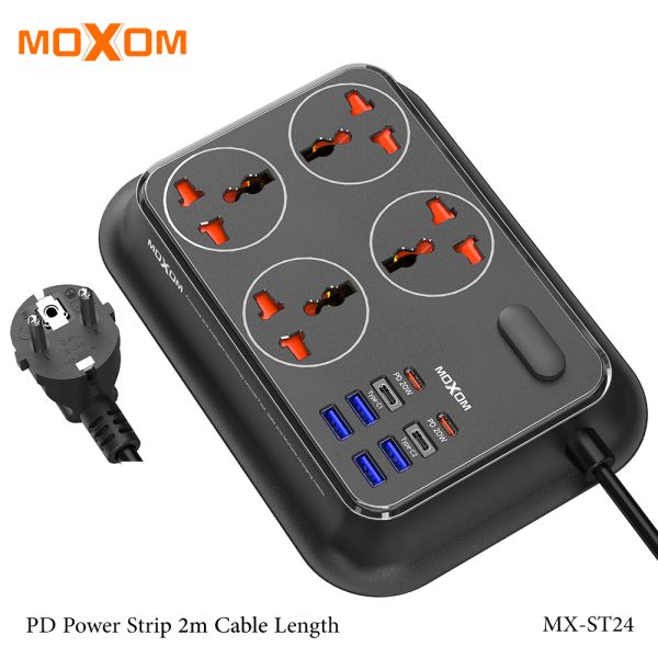 Moxom MX-ST24 12-in-1 Smart PD Power Strip 4 AC Outlets + 7 USB-A Ports + 1 USB-C PD 20W 2-Meter Cable 2500W Max Load Surge & Overload Protection Model MX-ST24 Black