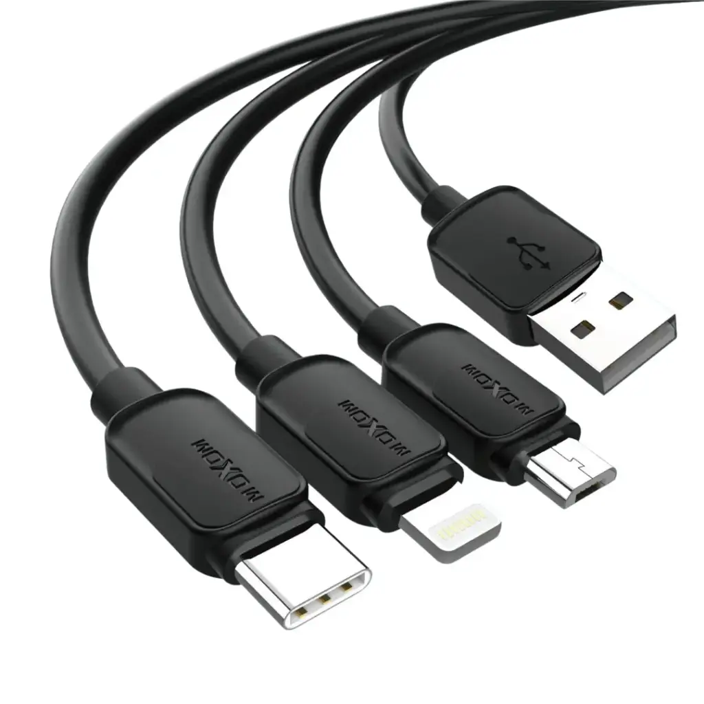MOXOM MX-CB230 3-in-1 Fast Charging Cable USB to Micro USB, Lightning & Type-C 3A Output Durable Black & White Design 1 Meter Multi-Device Charging Cord for Smartphones, Tablets & More