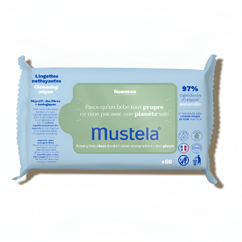 Mustela Baby Wipes for face, body and diaper area  - Lingettes Épaisses - 60 pieces, Cleans baby's bottom, face, and body & diaper area