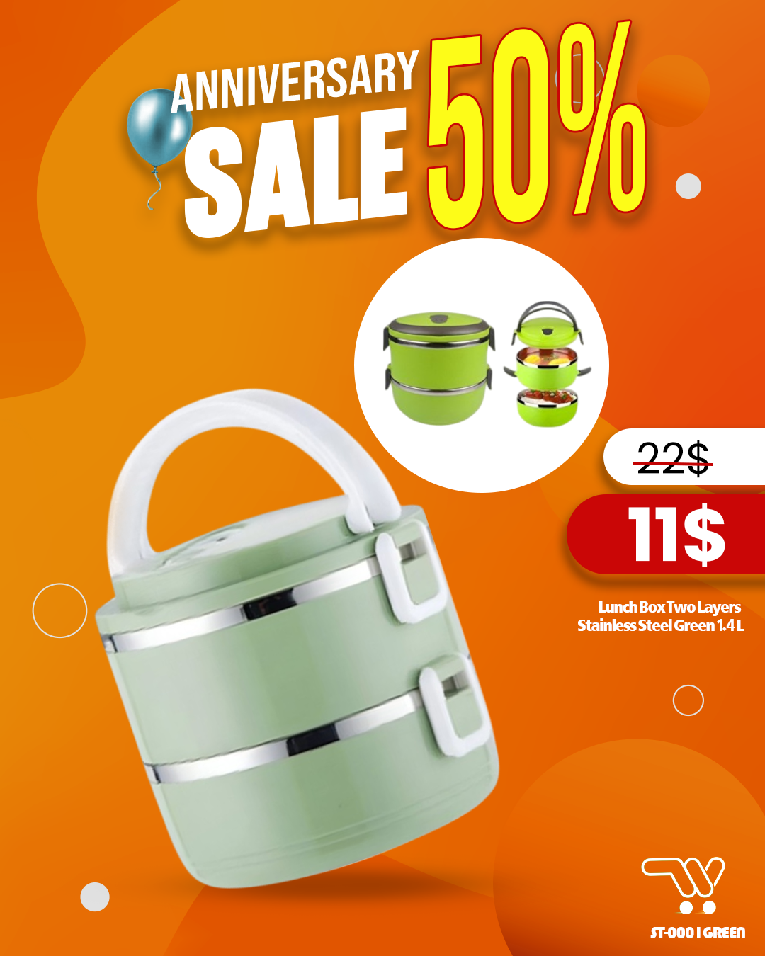 Lunch Box Two Layers Stainless Steel Green 1.4 L