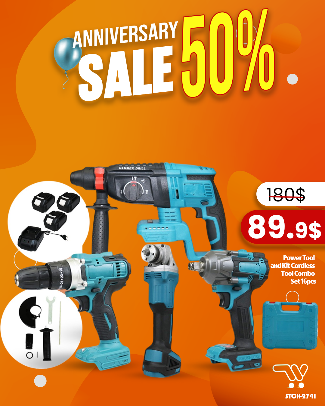 Power Tool Set Combo Kit Cordless Tool Combo Set 16pcs