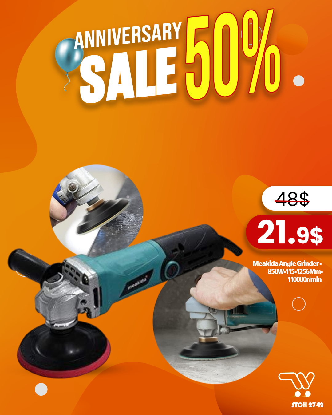 Meakida Angle Grinder - 850W , 115-1256Mm, 110000r/min , 274-2 MD-71152 , Gear Self looking pin Carbon and Brush replacement port .