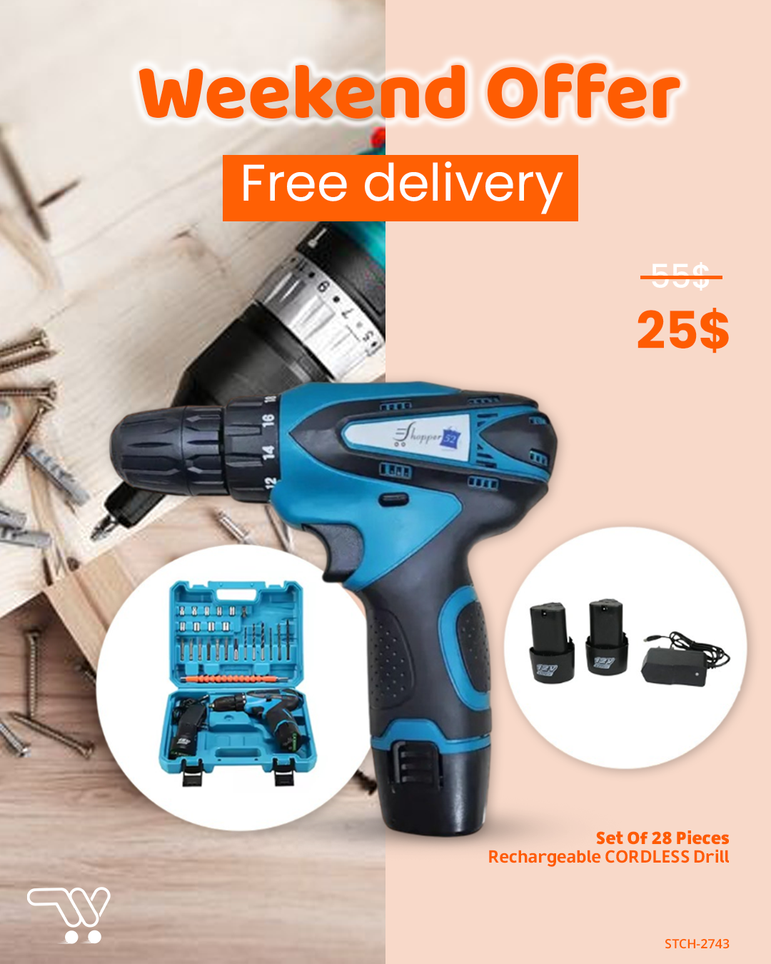 RMC- Set Of 28 Pieces , Rechargeable CORDLESS Drill , 2 lithium batteries , adapter 12 V -274-3, 12vLi-ion, 600rpm,with 24 pieces of accessories.