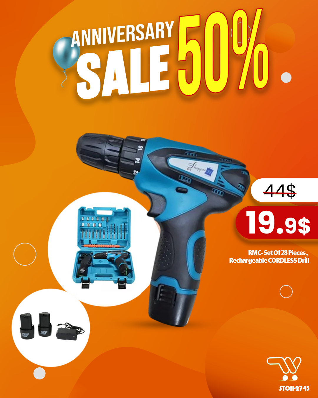 RMC- Set Of 28 Pieces , Rechargeable CORDLESS Drill , 2 lithium batteries , adapter 12 V -274-3, 12vLi-ion, 600rpm,with 24 pieces of accessories.