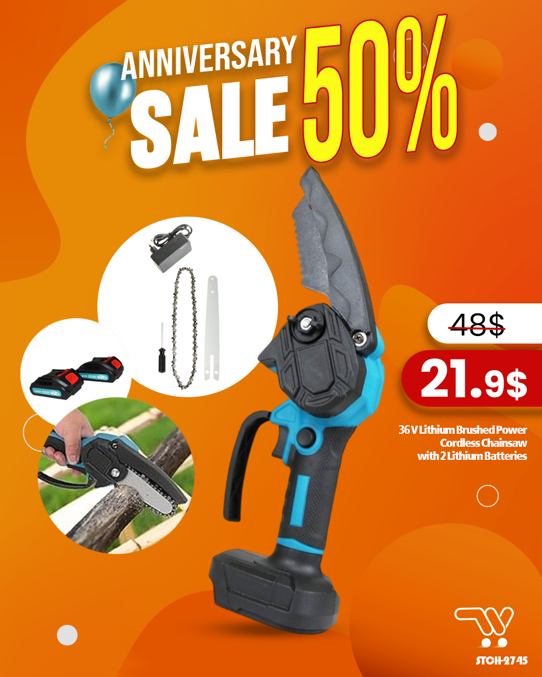 Meakida High-Performance 4-Inch Electric Chain Saw – 500W Power, 2500RPM Cutting Speed for Precision, Efficiency, and Versatility in Wood Cutting and Pruning Tasks, 36 V