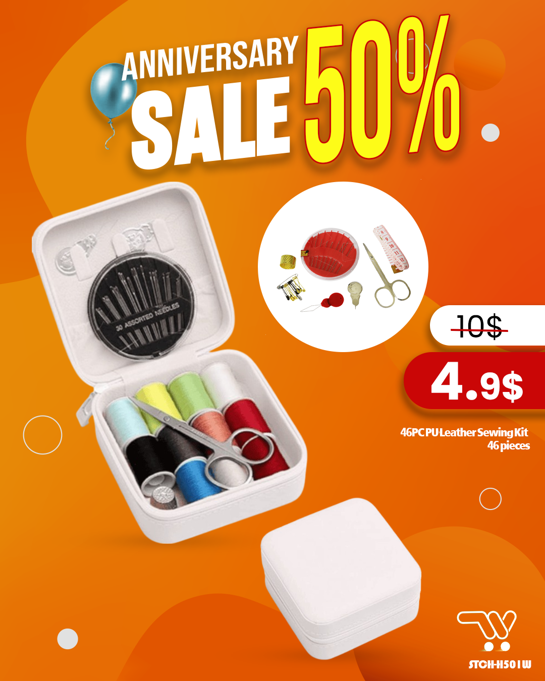 46PC PU Leather Sewing Kit - 46 pieces  , Mini Sewing Kit Sewing Kits For Adults Travel Sewing Set Sewing Thread,   white