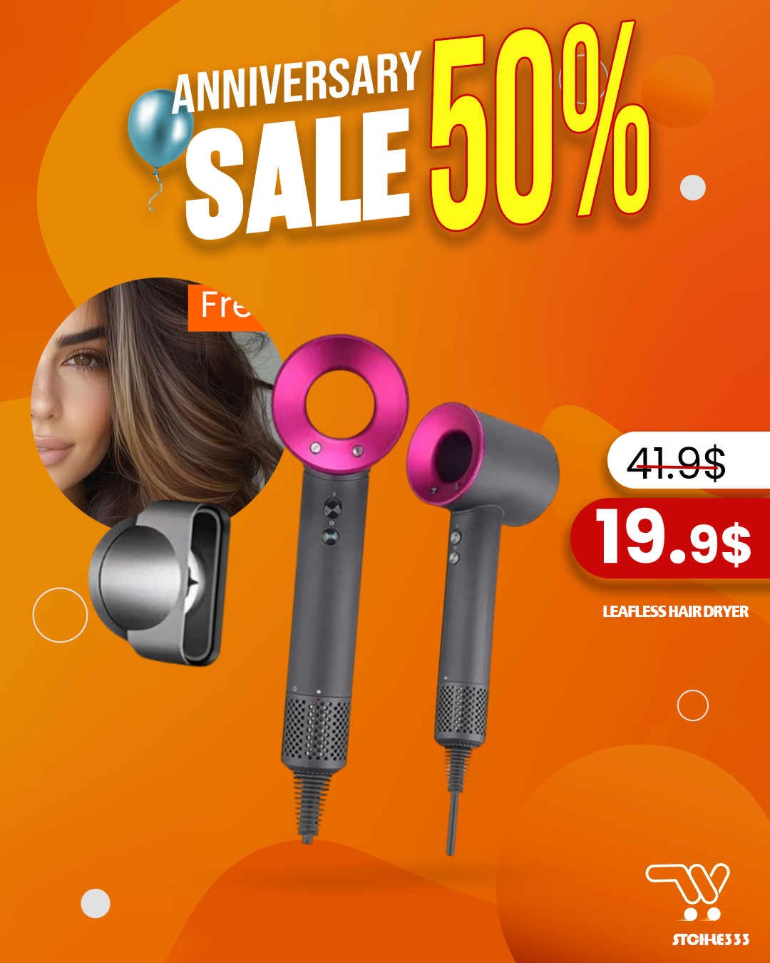 LEAFLESS HAIR DRYER - MUTE PROCESSING , Standard Hair Dryer , with 360 degree magnetic connection nozzle firm and convenient , 1800W