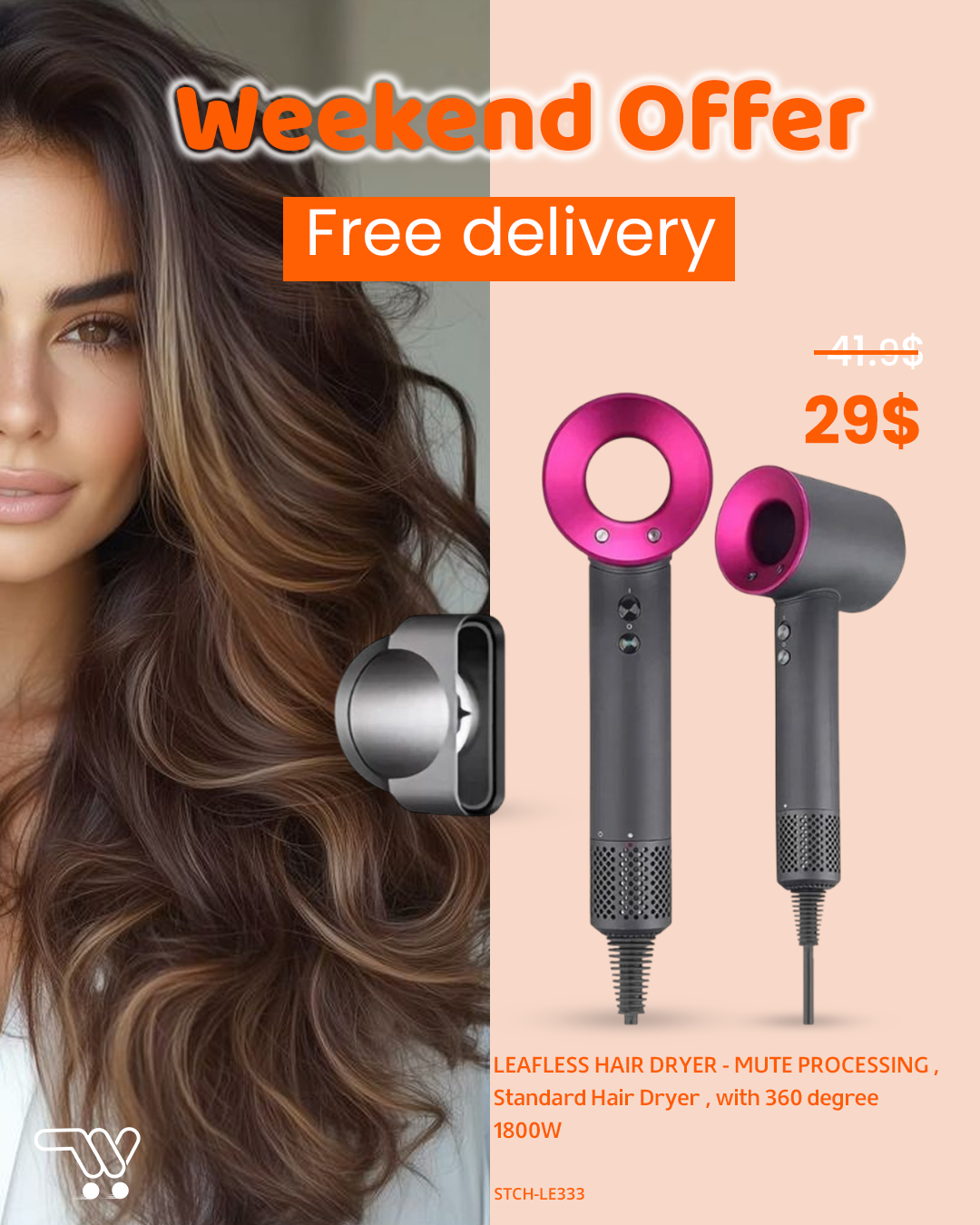 LEAFLESS HAIR DRYER - MUTE PROCESSING , Standard Hair Dryer , with 360 degree magnetic connection nozzle firm and convenient , 1800W