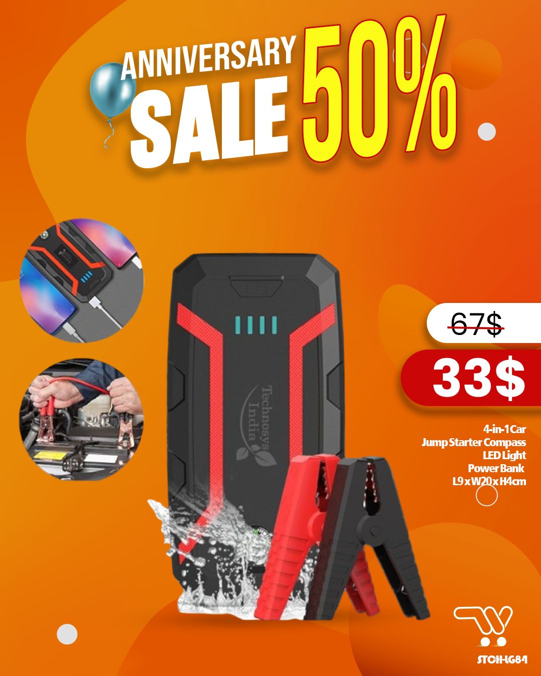 12000mAh 4-in-1  Car Jump Starter Compass LED Light Power Bank 700A Emergency Starting Power Supply (L9 x W20 x H4)cm