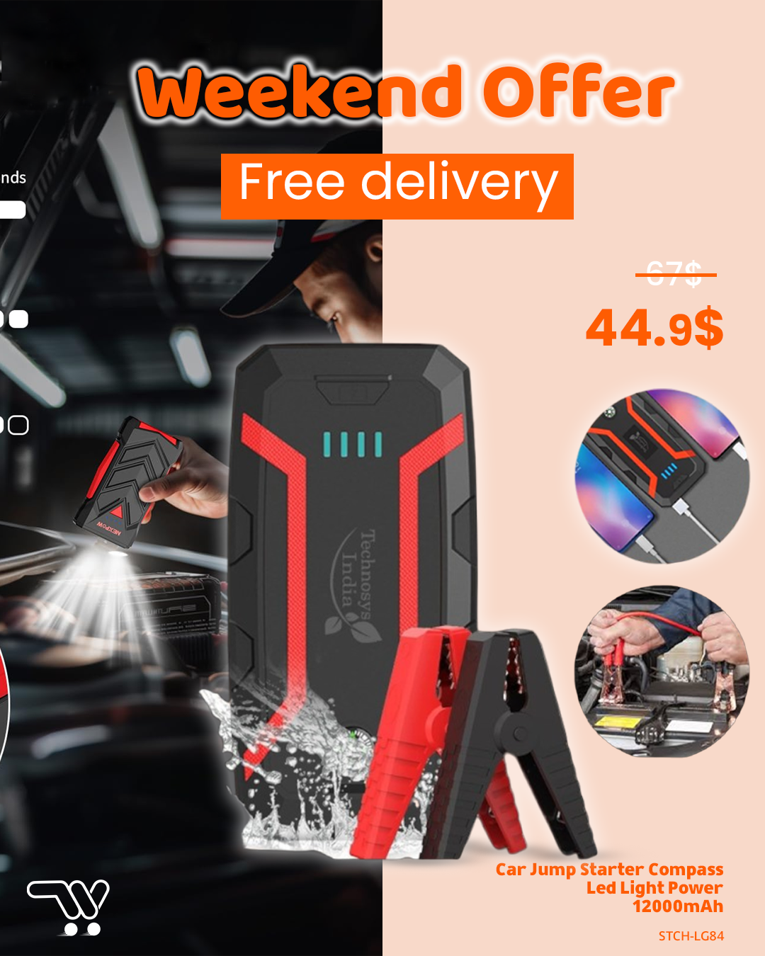 12000mAh 4-in-1  Car Jump Starter Compass LED Light Power Bank 700A Emergency Starting Power Supply (L9 x W20 x H4)cm