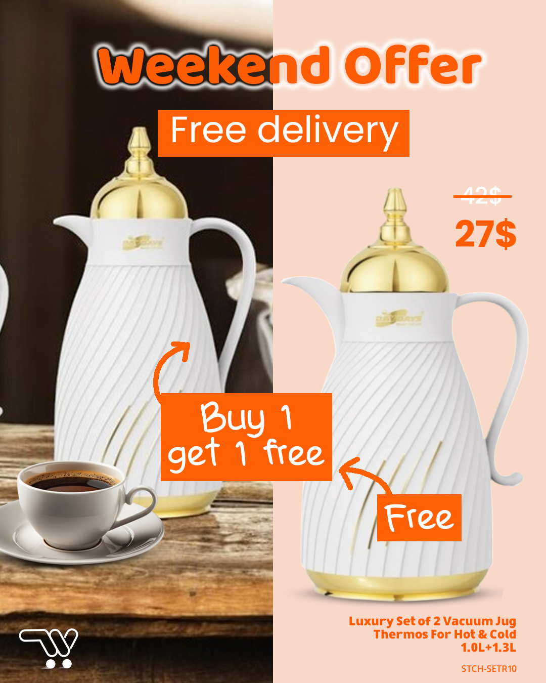 DAY DAYS ,  Luxury Set of 2  Vacuum Jug Thermos For Hot & Cold , Gold & White ,( CK-R100G+R130G) Set of 2 vacuum 1.0L+1.3L