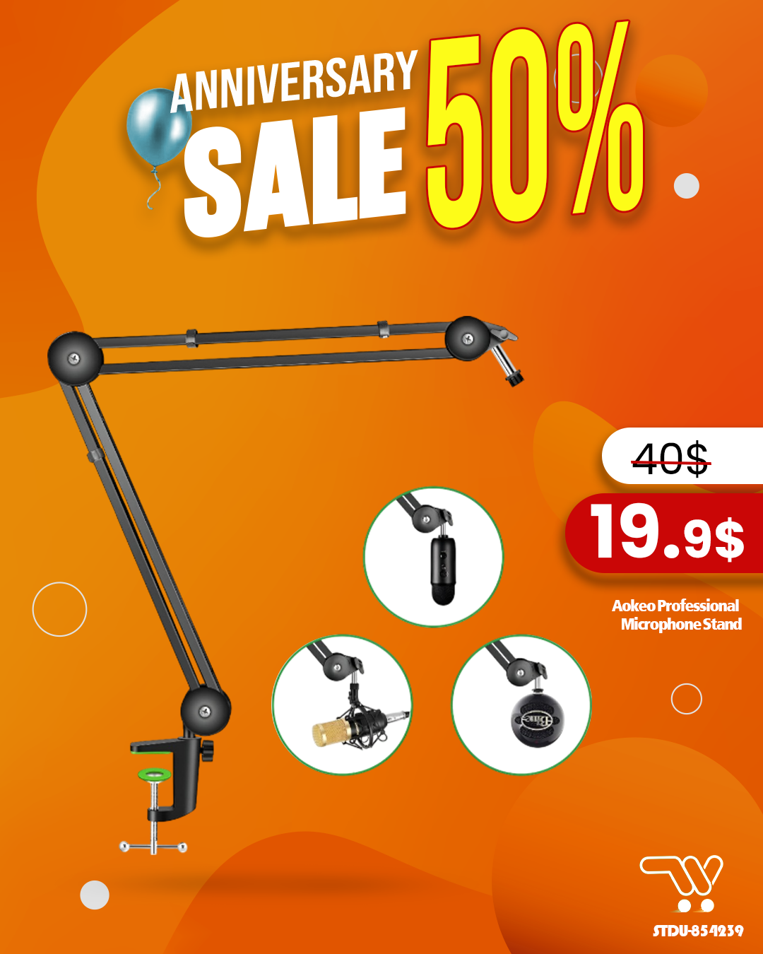 Aokeo Professional Microphone Stand – Heavy-Duty Adjustable Boom Arm with 360° Rotation, 180° Adjustable Joints, C-Clamp Mount – Supports Up to 2 kg Microphones
