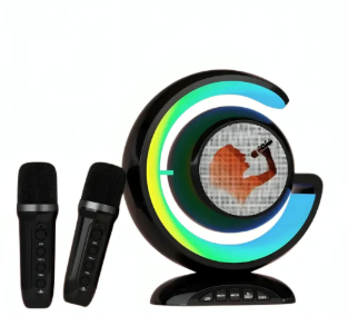 YS-110 Wireless Lightshow Karaoke Speaker (Black) – Portable Bluetooth Music Box with Dual Wireless Microphones, Colorful LED Lighting, and Rechargeable Battery
